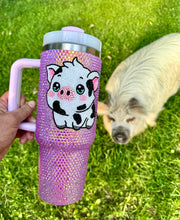 Load image into Gallery viewer, 40oz light fiery purple/pink- glass rhinestone tumbler- Spotted white/ black pig
