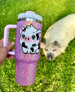 40oz light fiery purple/pink- glass rhinestone tumbler- Spotted white/ black pig