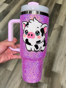 40oz light fiery purple/pink- glass rhinestone tumbler- Spotted white/ black pig