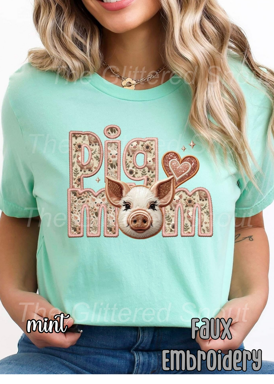 Pig Mom- faux embroidery