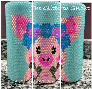 Pink pig with bow/ Tiff Blue background - glass rhinestone- 20oz double wall tumbler