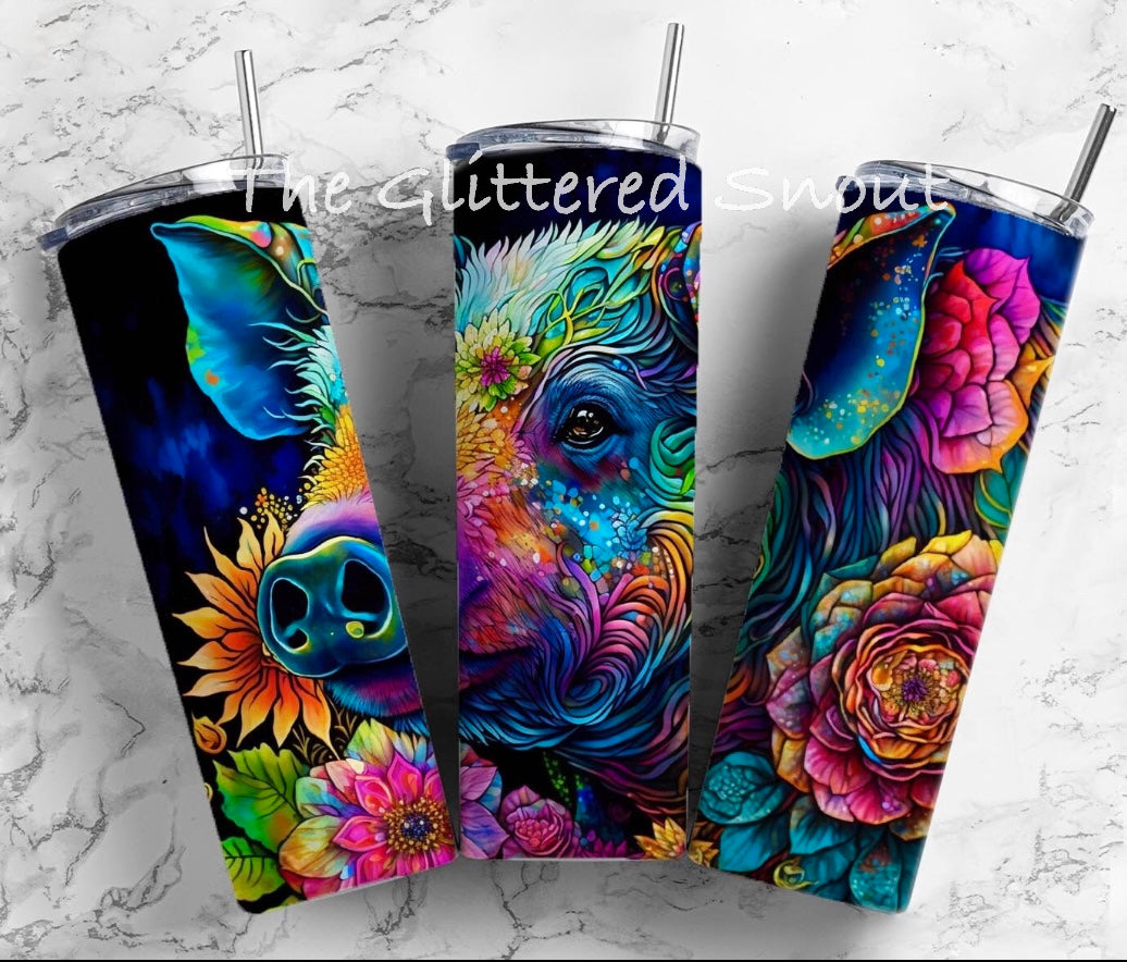 Colorful neon Rainbow/ floral pig-20 oz SS tumbler